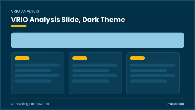 Editable PowerPoint vrio analysis slide template in a dark theme, built from recolourable native shapes for consulting frameworks decks