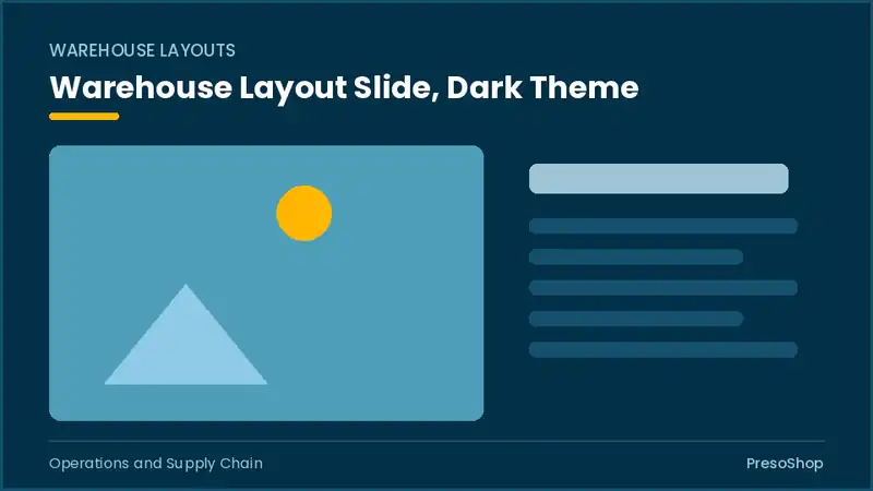 Editable PowerPoint warehouse layout slide template in a dark theme, built from recolourable native shapes for operations and supply chain decks