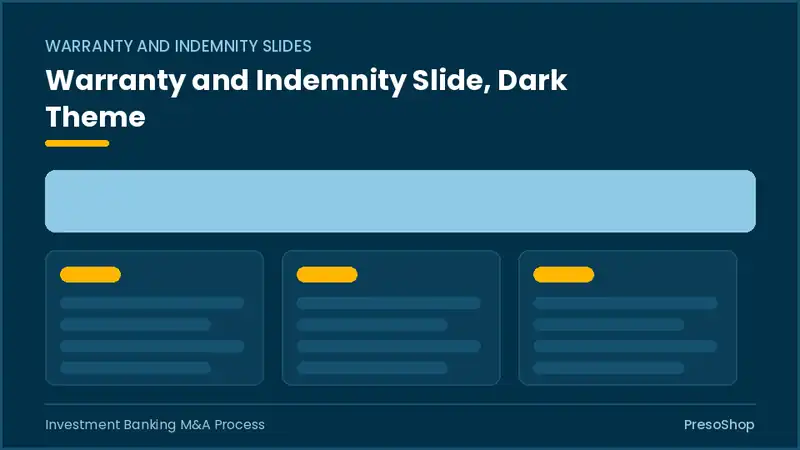 Editable PowerPoint warranty and indemnity slide template in a dark theme, built from recolourable native shapes for investment banking m&a process decks