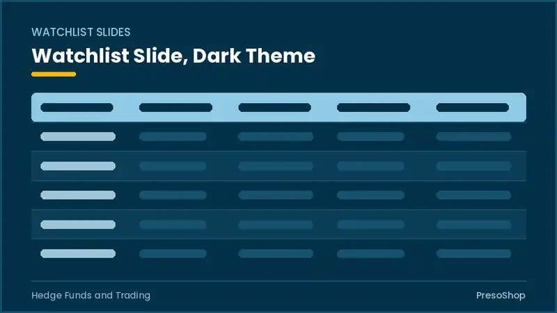 Editable PowerPoint watchlist slide template in a dark theme, built from recolourable native shapes for hedge funds and trading decks