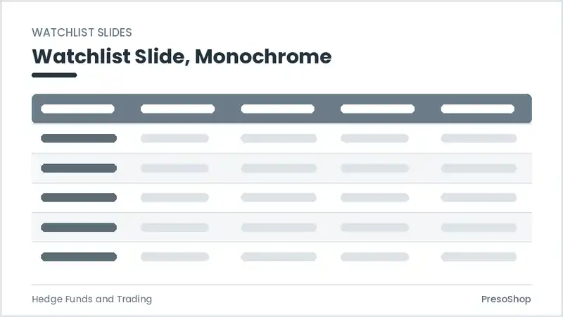 Editable PowerPoint watchlist slide template in a monochrome treatment, built from recolourable native shapes for hedge funds and trading decks