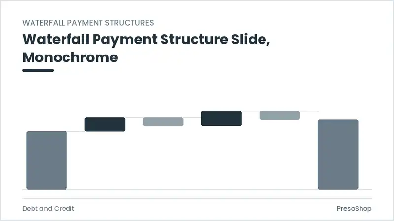Editable PowerPoint waterfall payment structure slide template in a monochrome treatment, built from recolourable native shapes for debt and credit decks