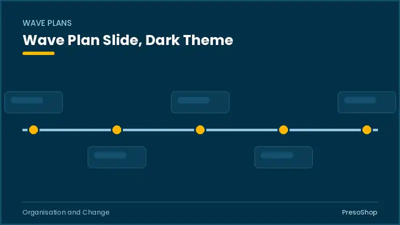 Editable PowerPoint wave plan slide template in a dark theme, built from recolourable native shapes for organisation and change decks