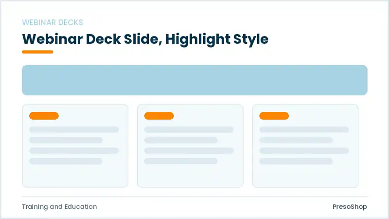 Editable PowerPoint webinar deck slide template with an accented takeaway, built from recolourable native shapes for training and education decks
