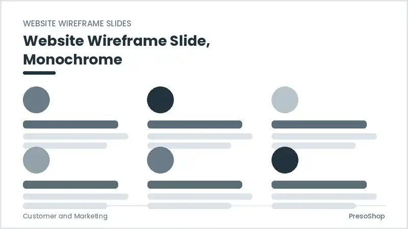 Editable PowerPoint website wireframe slide template in a monochrome treatment, built from recolourable native shapes for customer and marketing decks
