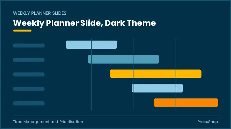 Editable PowerPoint weekly planner slide template in a dark theme, built from recolourable native shapes for time management and prioritisation decks