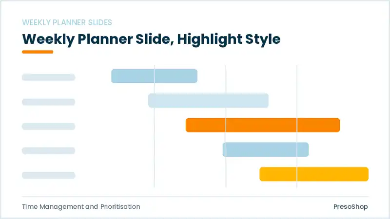 Editable PowerPoint weekly planner slide template with an accented takeaway, built from recolourable native shapes for time management and prioritisation decks