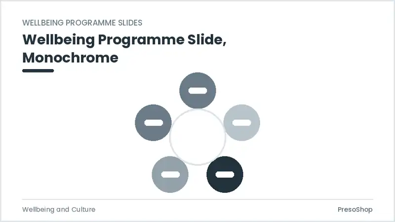 Editable PowerPoint wellbeing programme slide template in a monochrome treatment, built from recolourable native shapes for wellbeing and culture decks