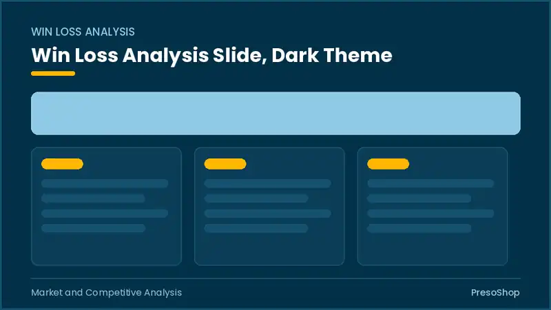 Editable PowerPoint win loss analysis slide template in a dark theme, built from recolourable native shapes for market and competitive analysis decks