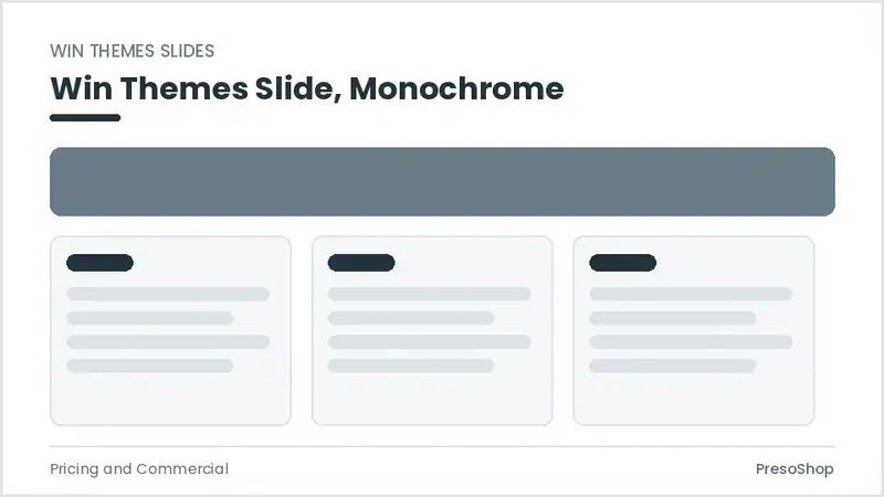 Editable PowerPoint win themes slide template in a monochrome treatment, built from recolourable native shapes for pricing and commercial decks