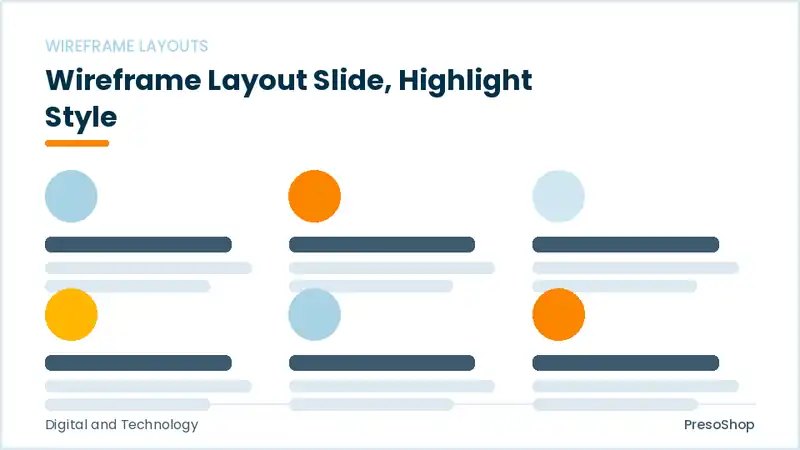 Editable PowerPoint wireframe layout slide template with an accented takeaway, built from recolourable native shapes for digital and technology decks