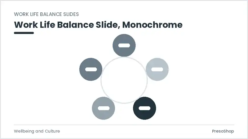 Editable PowerPoint work life balance slide template in a monochrome treatment, built from recolourable native shapes for wellbeing and culture decks