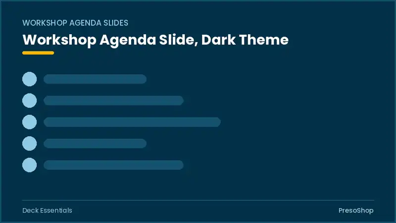 Editable PowerPoint workshop agenda slide template in a dark theme, built from recolourable native shapes for deck essentials decks