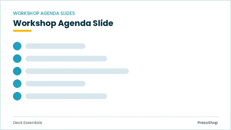 Editable PowerPoint workshop agenda slide template, built from recolourable native shapes for deck essentials decks