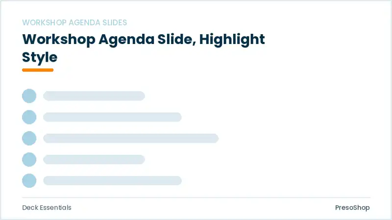 Editable PowerPoint workshop agenda slide template with an accented takeaway, built from recolourable native shapes for deck essentials decks