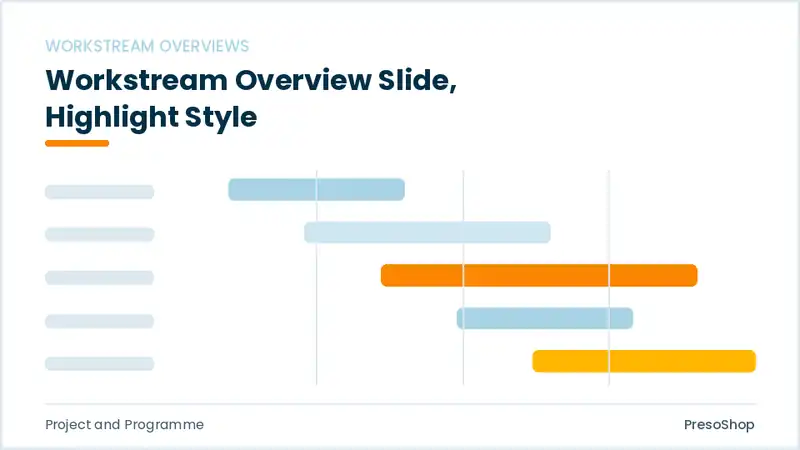 Editable PowerPoint workstream overview slide template with an accented takeaway, built from recolourable native shapes for project and programme decks