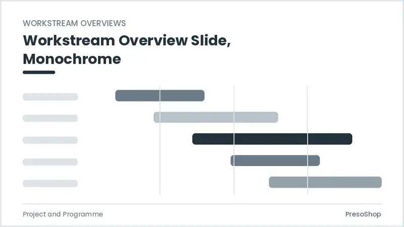 Editable PowerPoint workstream overview slide template in a monochrome treatment, built from recolourable native shapes for project and programme decks