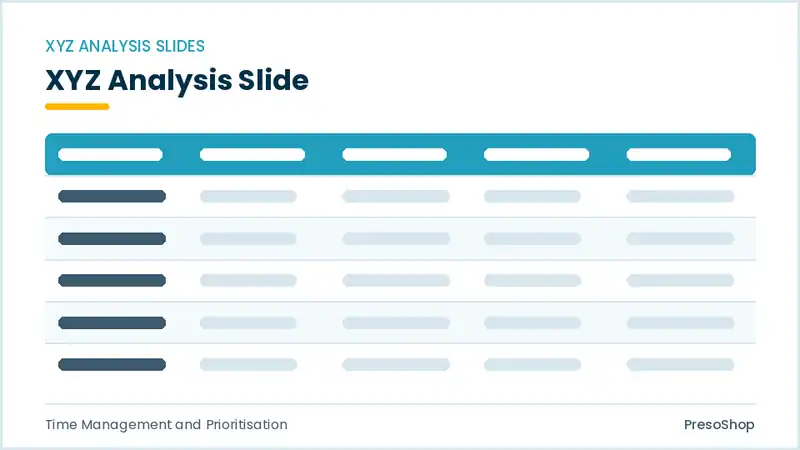 Editable PowerPoint xyz analysis slide template, built from recolourable native shapes for time management and prioritisation decks