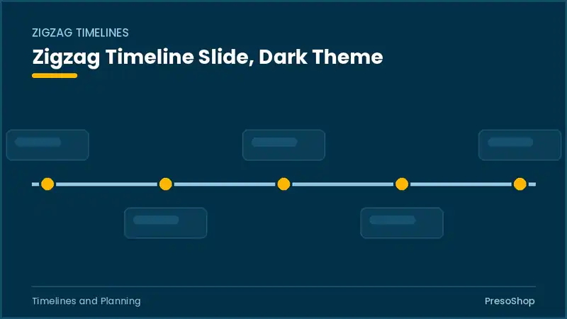 Editable PowerPoint zigzag timeline slide template in a dark theme, built from recolourable native shapes for timelines and planning decks