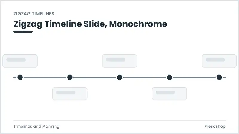 Editable PowerPoint zigzag timeline slide template in a monochrome treatment, built from recolourable native shapes for timelines and planning decks